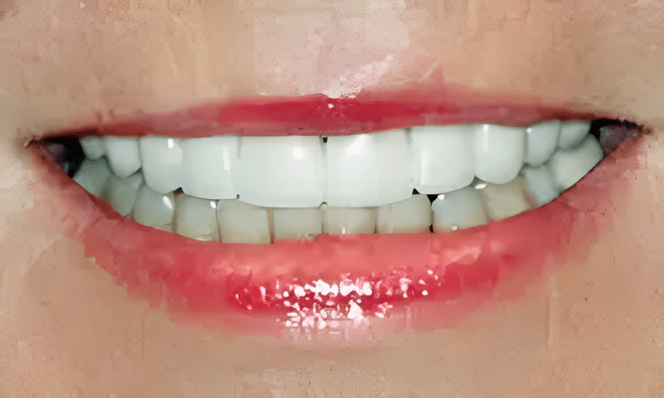 Close-up of a smile showing white teeth and pink lips with glossy finish.