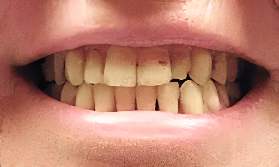 Close-up of misaligned teeth showing overbite and discoloration, dental concern example.