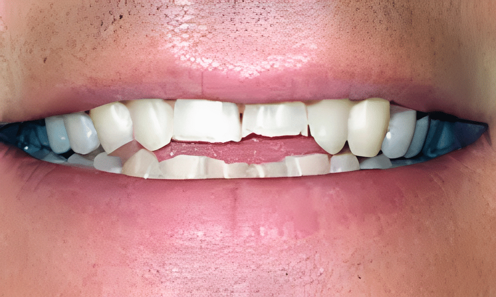 Close-up of smile showing white teeth and natural lip color for dental website.